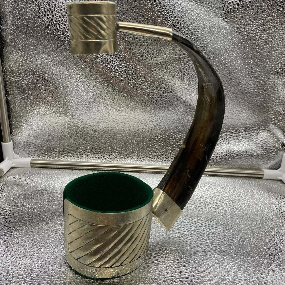 Vintage Brass Horn Wine Bottle Holder‎ OS Brown Silver Real Horn Barware Decor